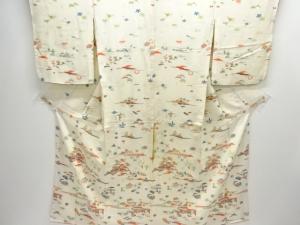 アンティーク　型染家屋に時代人物模様着物